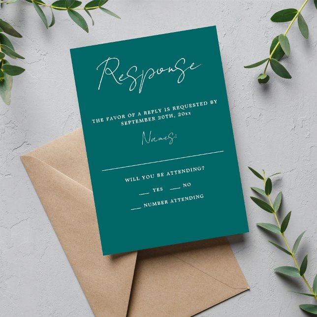 True Simplicity 3 Script Minimal Teal Wedding RSVP Card (Creator Uploaded)