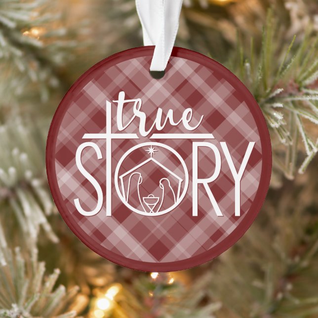 True Story Nativity Jesus Manger Stable Red Plaid Ornament (Tree)