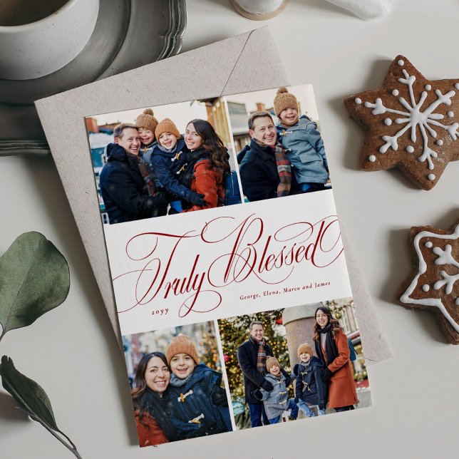 Truly blessed 4 photo elegant religious Christmas Holiday Card (Creator Uploaded)