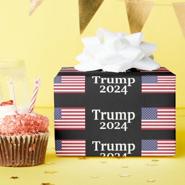 Trump 2024 American Flag on Black Wrapping Paper (Birthday Party)