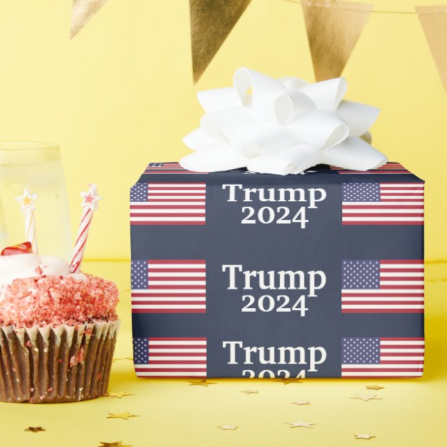 Trump 2024 American Flag on Blue Wrapping Paper (Birthday Party)