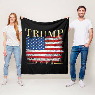 Trump 2024 Elegant Gold Vintage American Flag Fleece Blanket