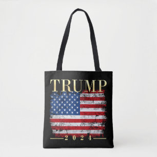 Trump 2024 Elegant Gold Vintage American Flag Tote Bag