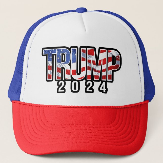 Trump 2024 Patriotic Block Letters Trucker Hat (Front)