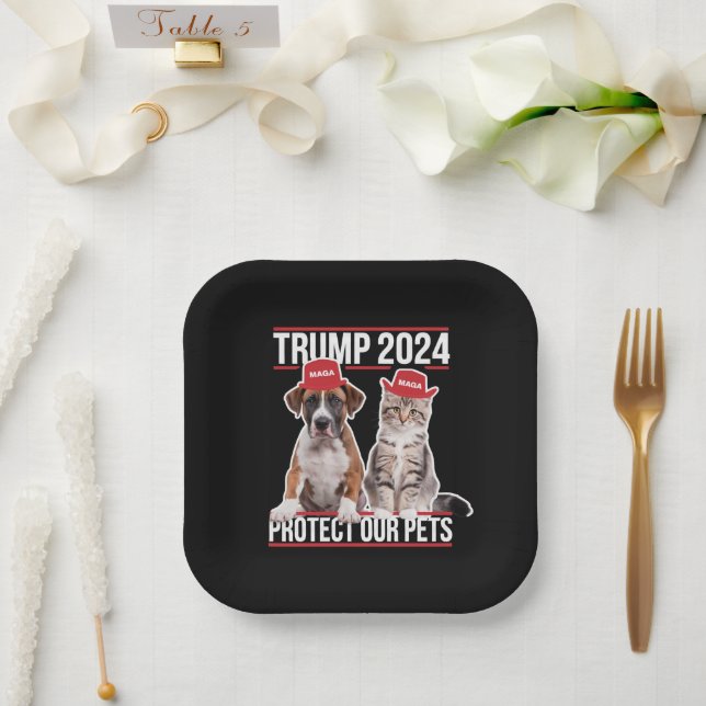 Trump 2024 Protect Our Pets Cat Dogs MAGA Paper Plate (Wedding)