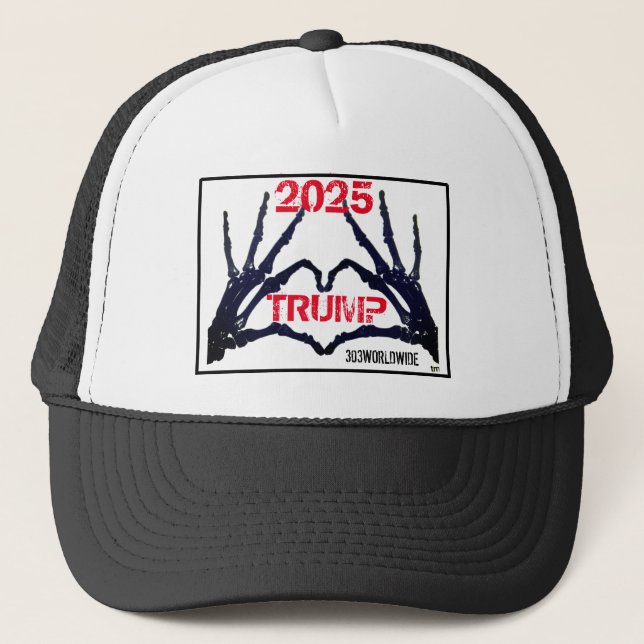"TRUMP 2025" Skull Hands T Trucker Hat (Front)