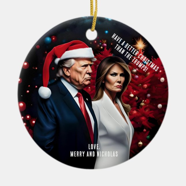 Trump and Melania Bad Christmas Ceramic Tree Decoration (Front)