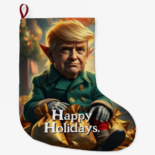 Trump As a Cheery Christmas Elf Large Christmas Stocking