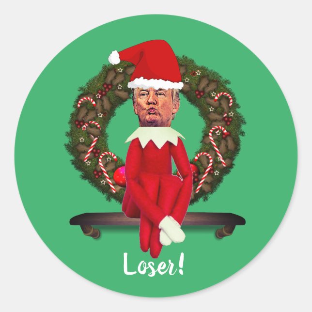 Trump as a Christmas Elf Ugly  Classic Round Stick Sticker (Front)