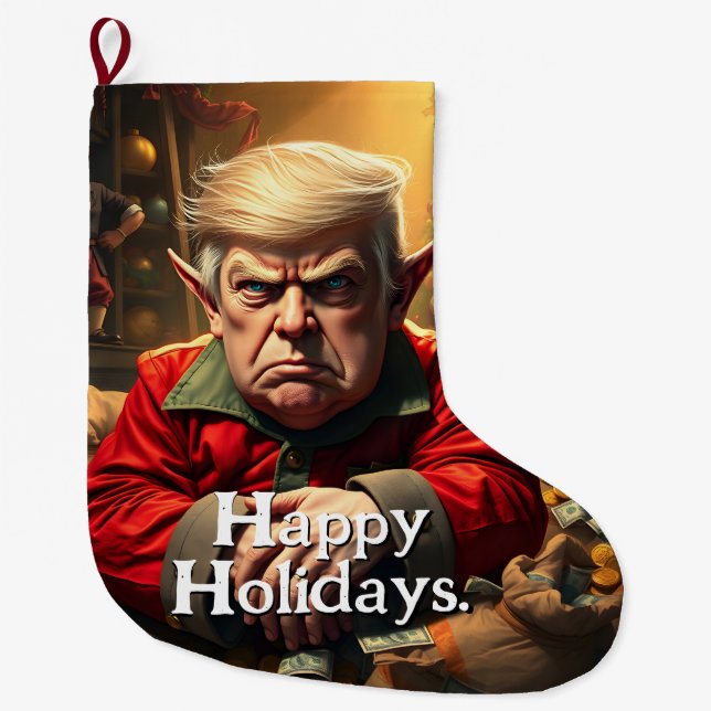 Trump As an Angry Christmas Elf Large Christmas Stocking (Front)