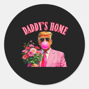 Trump Blowing Bubble Holding Flowers Pink Daddy's Classic Round Sticker