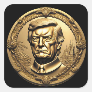TRUMP CGI Collectable Gold Art-Coin Doubloon Square Sticker