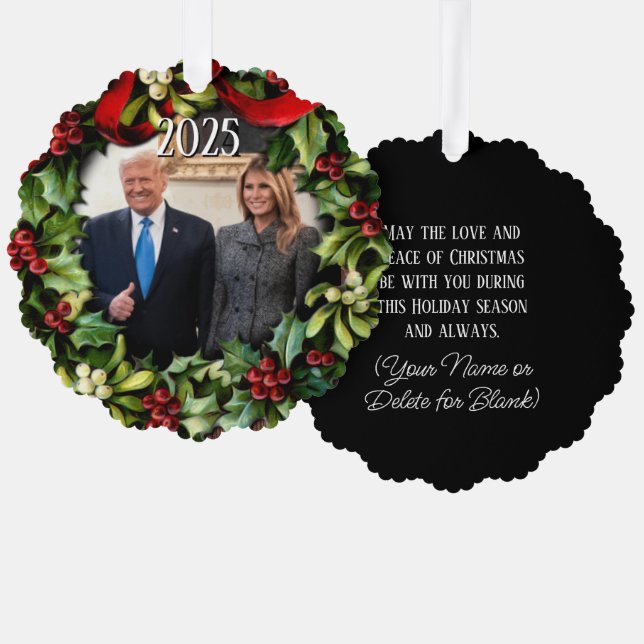 Trump Christmas 2024 Wreath Photo Holiday Greeting Tree Decoration Card (Front/Back)