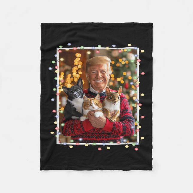 Trump Christmas Sweater Cat Dog Squirrel Pet Lover Fleece Blanket (Front)