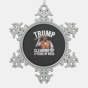 Trump Cleaning up 4 Years of Mess Garbage Can Snowflake Pewter Christmas Ornament