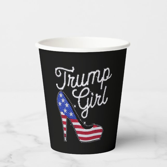 Trump Girl High Heel American Flag Bling Patriot Paper Cups (Front)