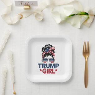 Trump Girl Messy Bun Trump 2024 Election American Paper Plate