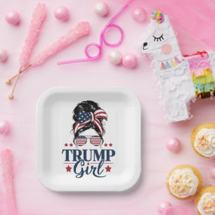 Trump Girl Messy Bun Trump 2024 Election American Paper Plate
