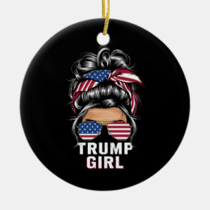 Trump Girl Messy Bun USA Flag Trump 2024 Election Ceramic Tree Decoration