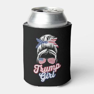 Trump Girl Messy Bun Vintage USA American Flag Can Cooler