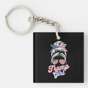 Trump Girl Messy Bun Vintage USA American Flag Key Ring