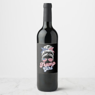 Trump Girl Messy Bun Vintage USA American Flag Wine Label