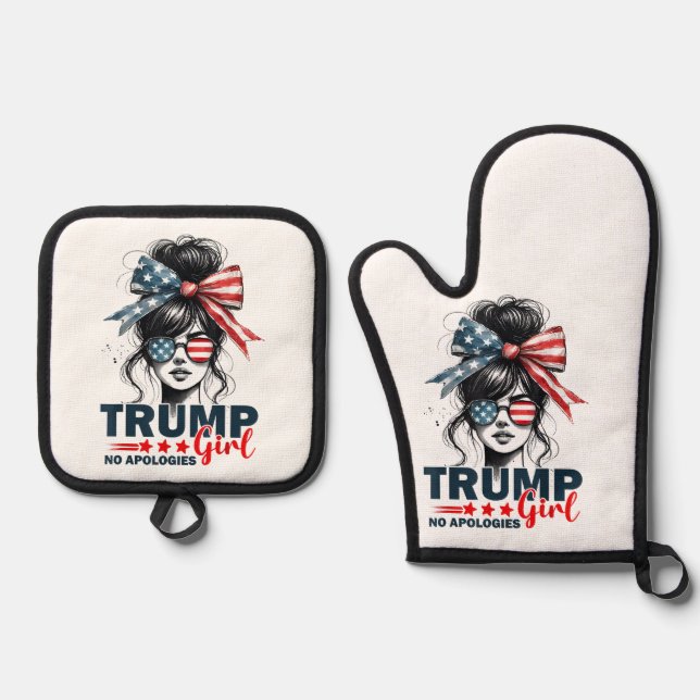 Trump Girl No Apologies Messy Bun Sunglasses Trump Oven Mitt & Pot Holder Set (Front)