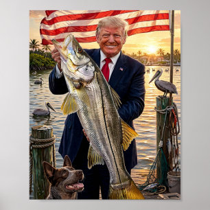 Trump Holding a Snook — Patriotic Fishing Art Poster