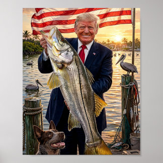 Trump Holding a Snook — Patriotic Fishing Art Poster