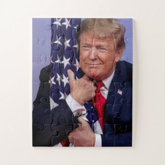 Trump Hugging the American Flag Jigsaw Puzzle