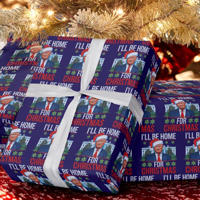 Trump I'll Be Home for Christmas Ugly Blue Wrapping Paper (Creator Uploaded)
