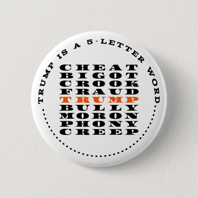TRUMP IS A FIVE LETTER WORD 6 CM ROUND BADGE (Front)