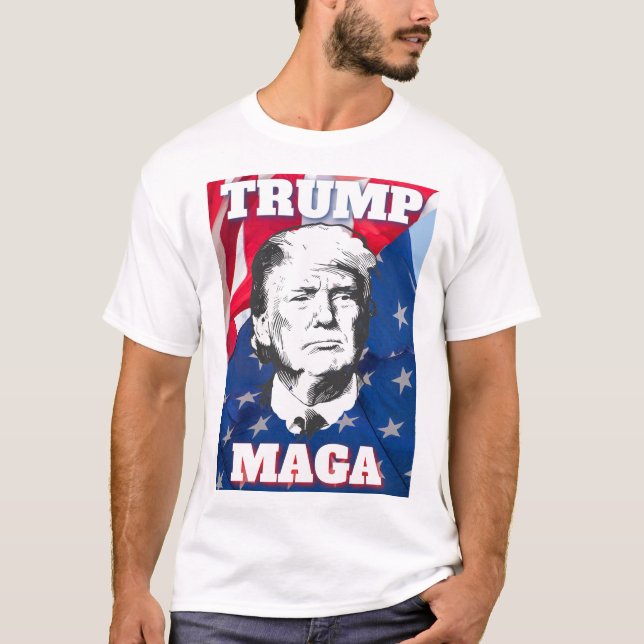 TRUMP MAGA with an American Flag Background T-Shirt (Front)