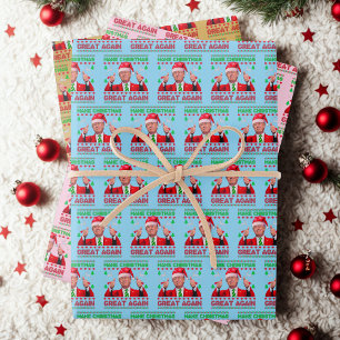 Trump Make Christmas Great Again Gold Blue Pink Wrapping Paper Sheet