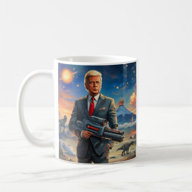 Trump on Alien Planet Dinosaurs Laser Gun Volcano Coffee Mug (Left)