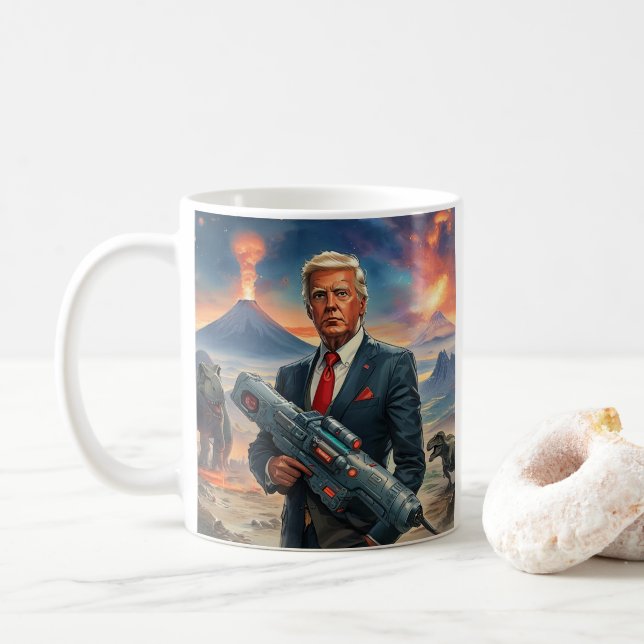 Trump on Alien Planet Dinosaurs Laser Gun Volcano Coffee Mug (With Donut)