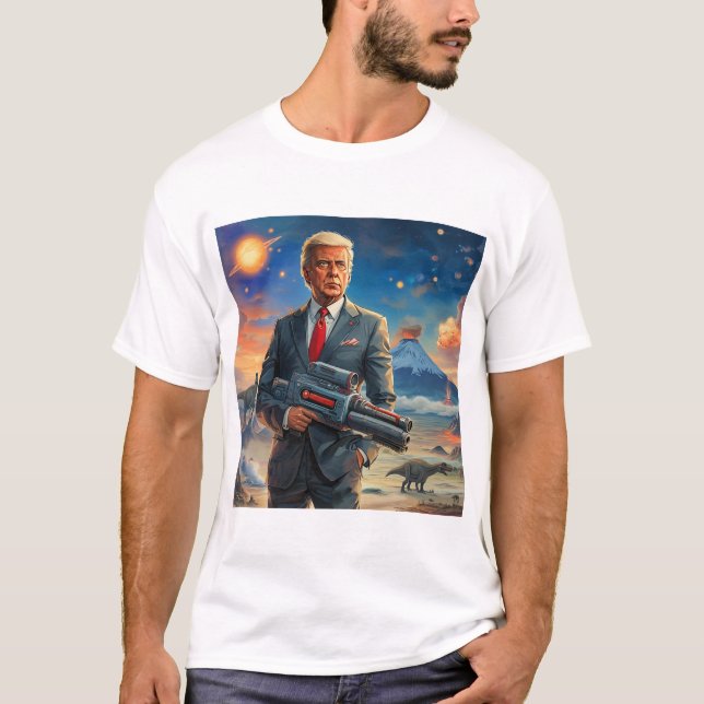 Trump on Alien Planet Dinosaurs Laser Gun Volcano T-Shirt (Front)