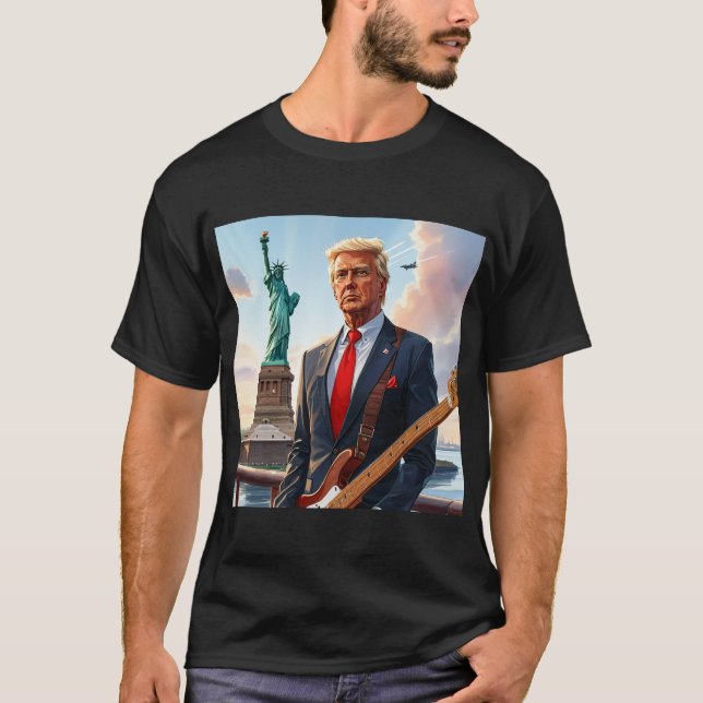 Trump Playing Electric Guitar at Statue Liberty T-Shirt (Front)