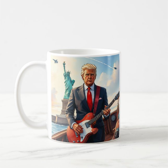 Trump Playing Electric Guitar at Statue of Liberty Coffee Mug (Left)