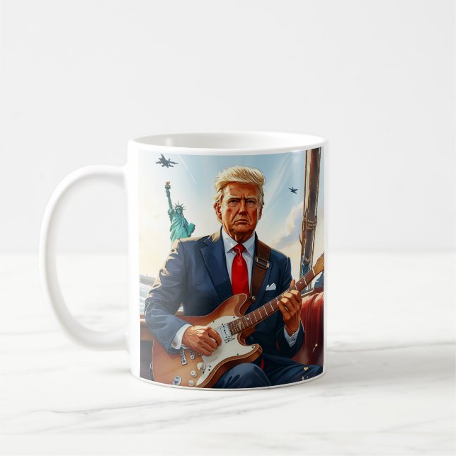 Trump Playing Electric Guitar at Statue of Liberty Coffee Mug (Left)