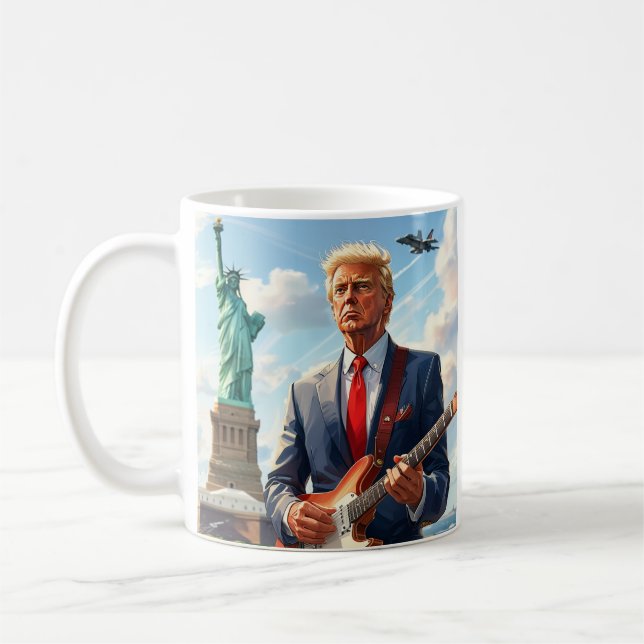 Trump Playing Electric Guitar at Statue of Liberty Coffee Mug (Left)