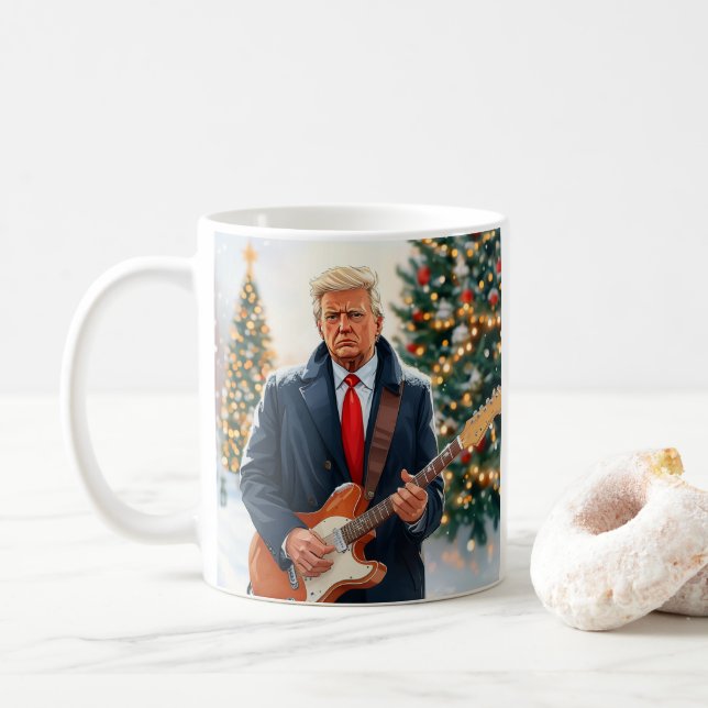 Trump playing Electric Guitar by Christmas Tree Coffee Mug (With Donut)