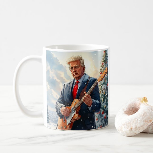 Trump playing Electric Guitar by Christmas Tree Coffee Mug (With Donut)
