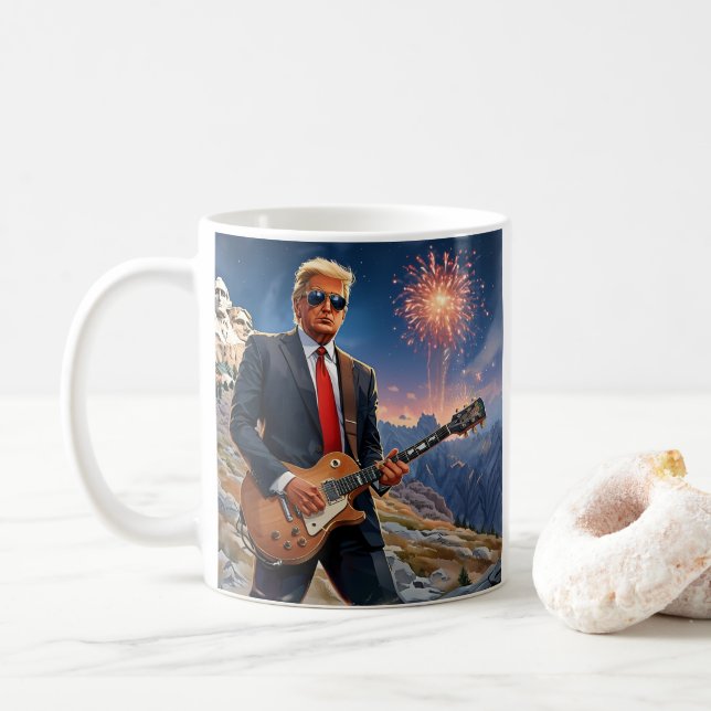 Trump Playing Electric Guitar Mount Rushmore MAGA Coffee Mug (With Donut)