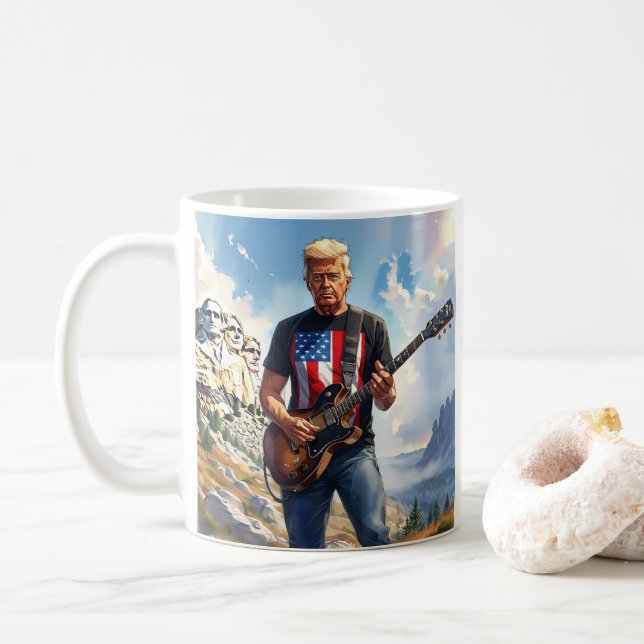 Trump Playing Electric Guitar Mount Rushmore MAGA Coffee Mug (With Donut)