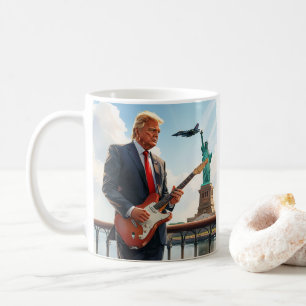 Trump Playing Electric Guitar Statue Liberty Flag Coffee Mug