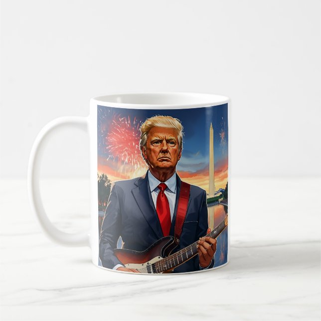 Trump Playing Electric Guitar Washington Monument Coffee Mug (Left)