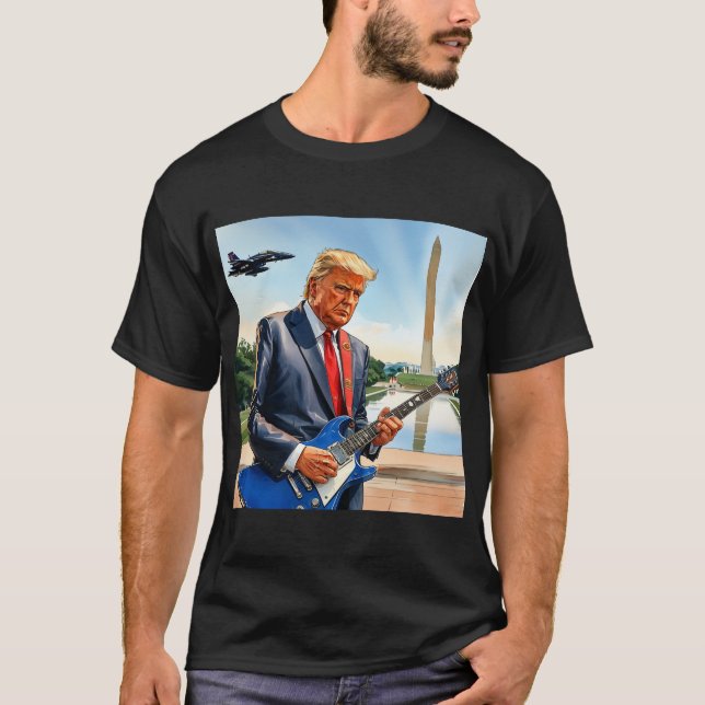 Trump Playing Electric Guitar Washington Monument T-Shirt (Front)