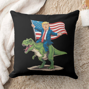 Trump Riding Dinosaur T Rex USA American Flag Cushion