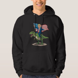 Trump Riding Dinosaur T Rex USA American Flag Hoodie